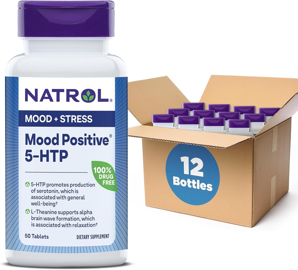 Natrol Mood pozitiv 5-HTP 50mg cu L-Theanină, vitamina B6, vitamina B12 și Folate, Supliment alimentar ajută la susținerea unui mod pozitiv, 50 comprimate, 25-50 zi de aprovizionare (Pachet de 12)