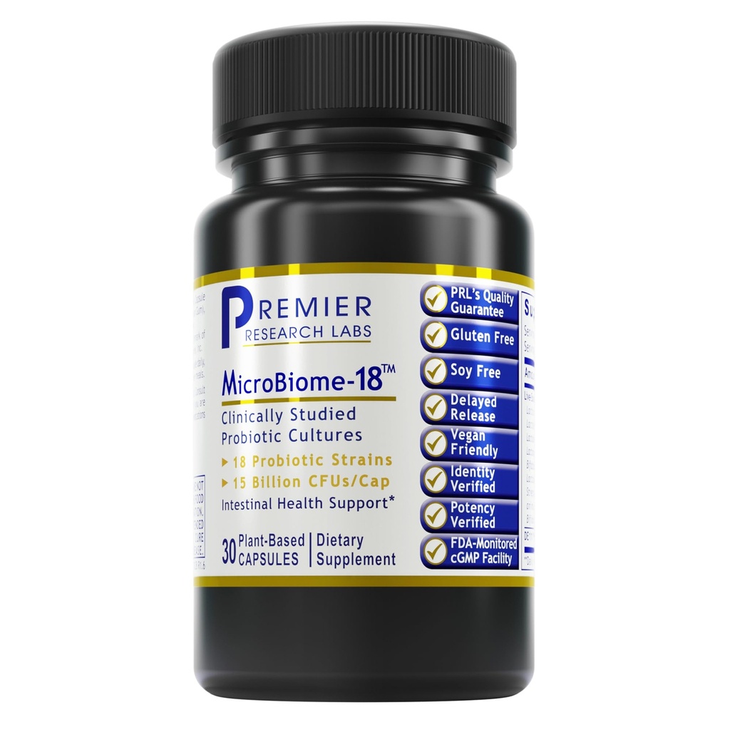 Premier Research Labs MicroBiome-18 - Probiotice pentru sanatate digestiva, Probiotice cu Lactobacillus Acidophilus pentru Femei si Barbati, Reuteri pentru Microbiome Sanatos Gut - 30 Capsule vegetariene