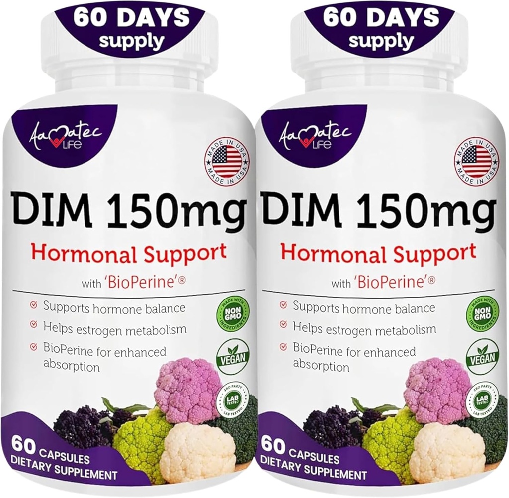 Femeie: DIM Complex 150mg - Bioperine Estrogen pastile de echilibrare pentru Menopause & Hot Flashes Ajutor pentru Acnee hormonale Supliment puternic - 60 Capsule - Made in USA