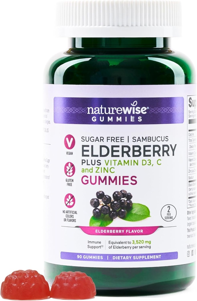 NatureWise Sambucus Elderberry Gummies - Sugar-Free - Daily Immune Supplement for Kids and Adults*, with Vitamina C, D3, Zinc - Vegan, Gluten Free, Non-GMO - 90 Count[45-Day Supply]