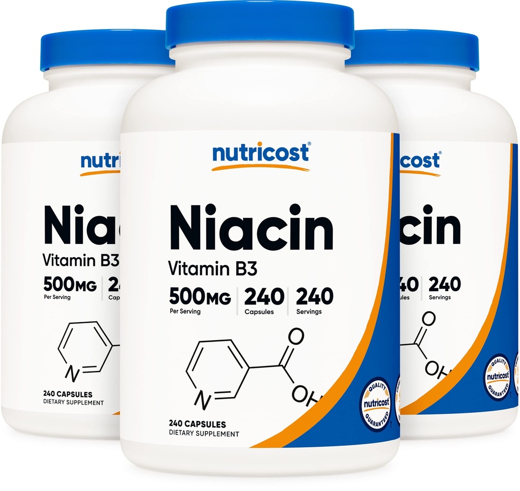 Nutricost Niacin (Vitamina B3) 500 mg, 240 capsule (3 flacoane) - Niacin Flush
