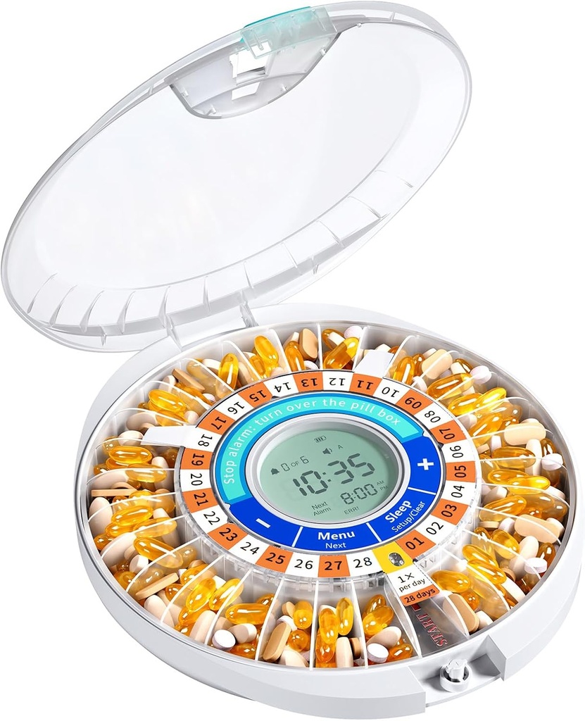 Daviky Automatic Pill Dispenser pentru persoanele în vârstă cu alarmă, 28-Day Electronic Locked Pill Box, Sound & Light Reminders pentru medicamente, vitamine, și suplimente (Orange)