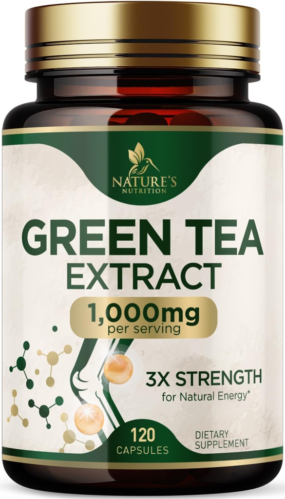 Capsule de extract de ceai verde 1000 mg - Standardizat 45% EGCG & 98% Polifenoli - 3X Putere Pastile de ceai verde pentru energie naturala - Suporturi Heart Health, Herbal Supplement, Vegan, Non-GMO - 120 capsule