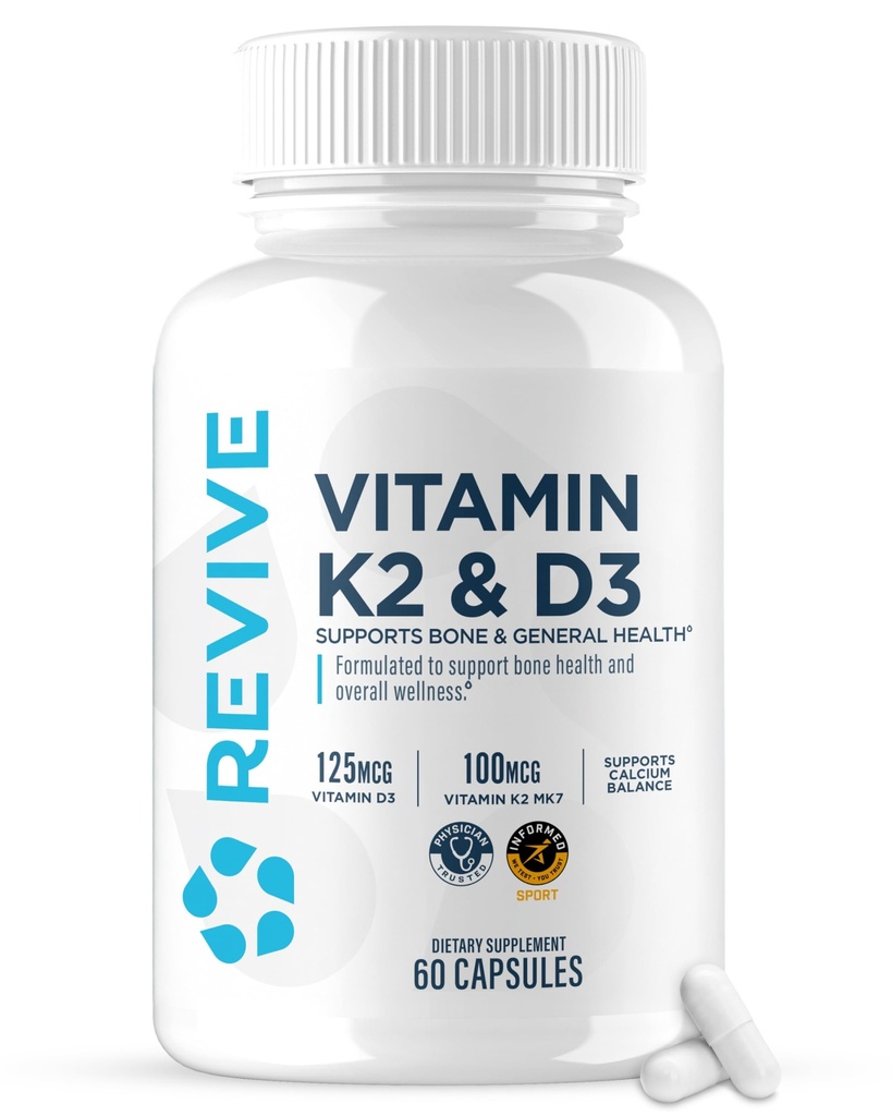 REVIVE MD Vitamina D3 și K2 - susține sănătatea osoasă și rezistența musculară - K2 & D3 Suplimentul de vitamine pentru femei și bărbați Sănătate și funcția creierului