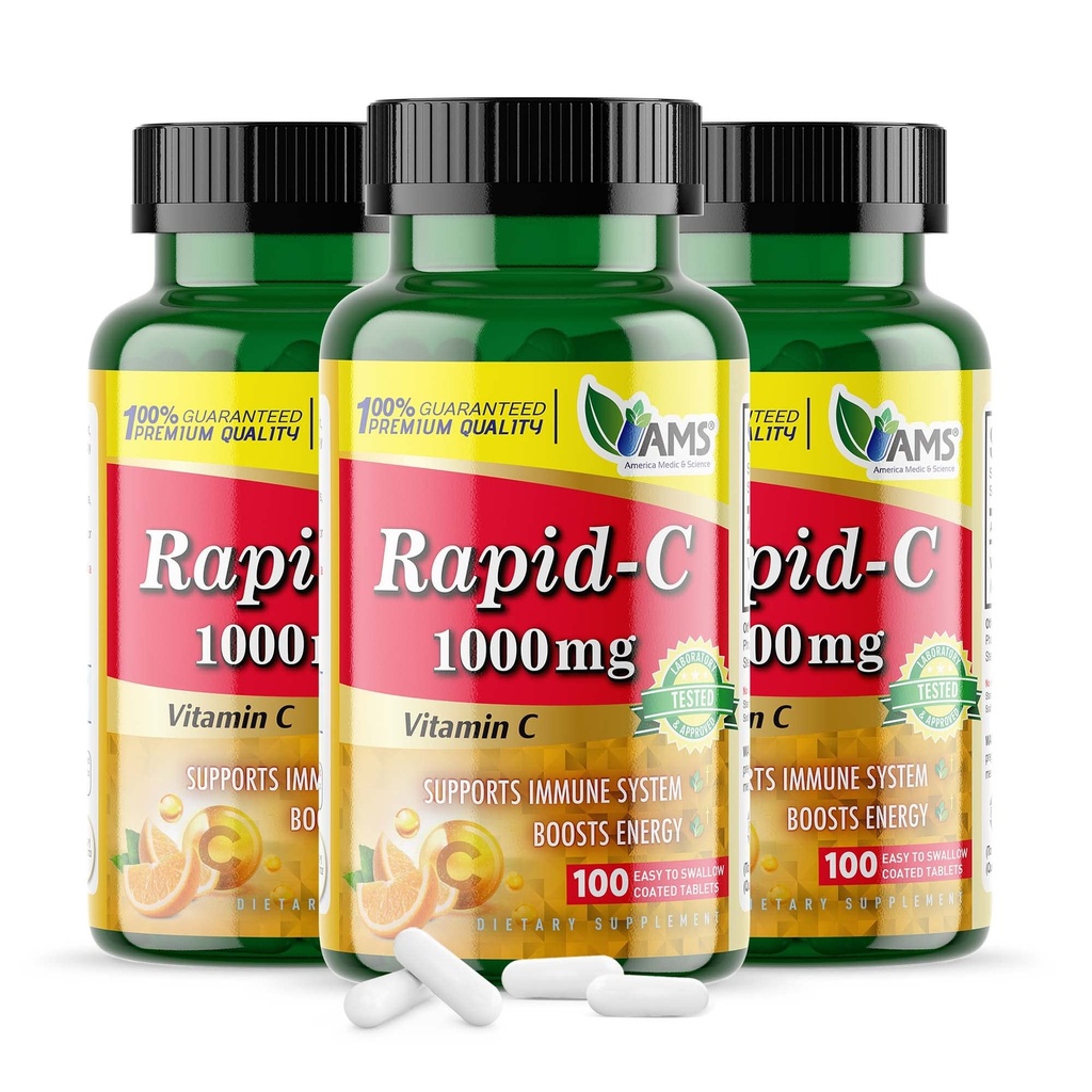 America Medic & Science Rapid-C 1000mg Vitamina C Supliment (3 Pachet de 100 comprimate) Booster de energie, Daily Immune System Support, Antioxidant 