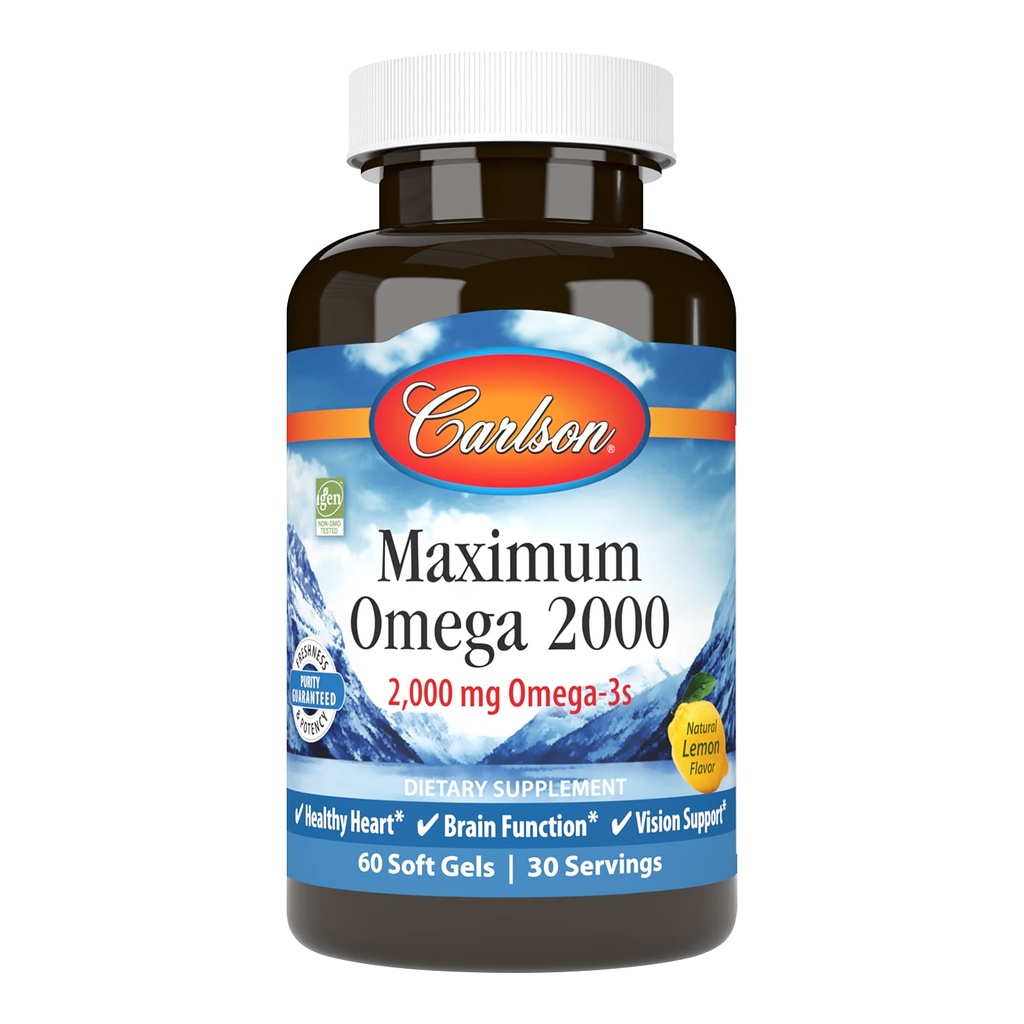 Carlson - Maximum Omega 2000, 2000 mg Omega-3 Acidi grasi Inclusiv EPA si DHA, Wild-Caught, Norvegian Fish Oil Supplement, Sustainable Soursed Fish Oil Capsules, Lemon, 60 Softgels