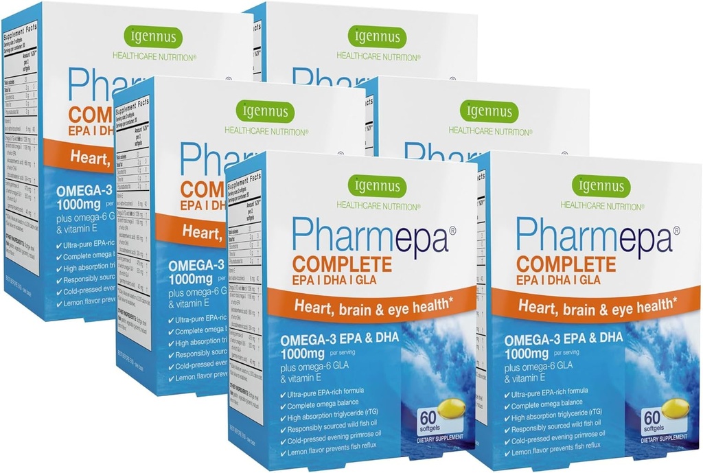Igennus Pharmepa Complete EPA 668mg & DHA 334mg Omega-3 Acidi grași 1000mg, IFOS Certified, RTG Formular, ulei de pește de mare potențial Plus Omega-6 & 9 de la GLA Evening Primrose Oil, Lemon Flavor, 360 Softgels