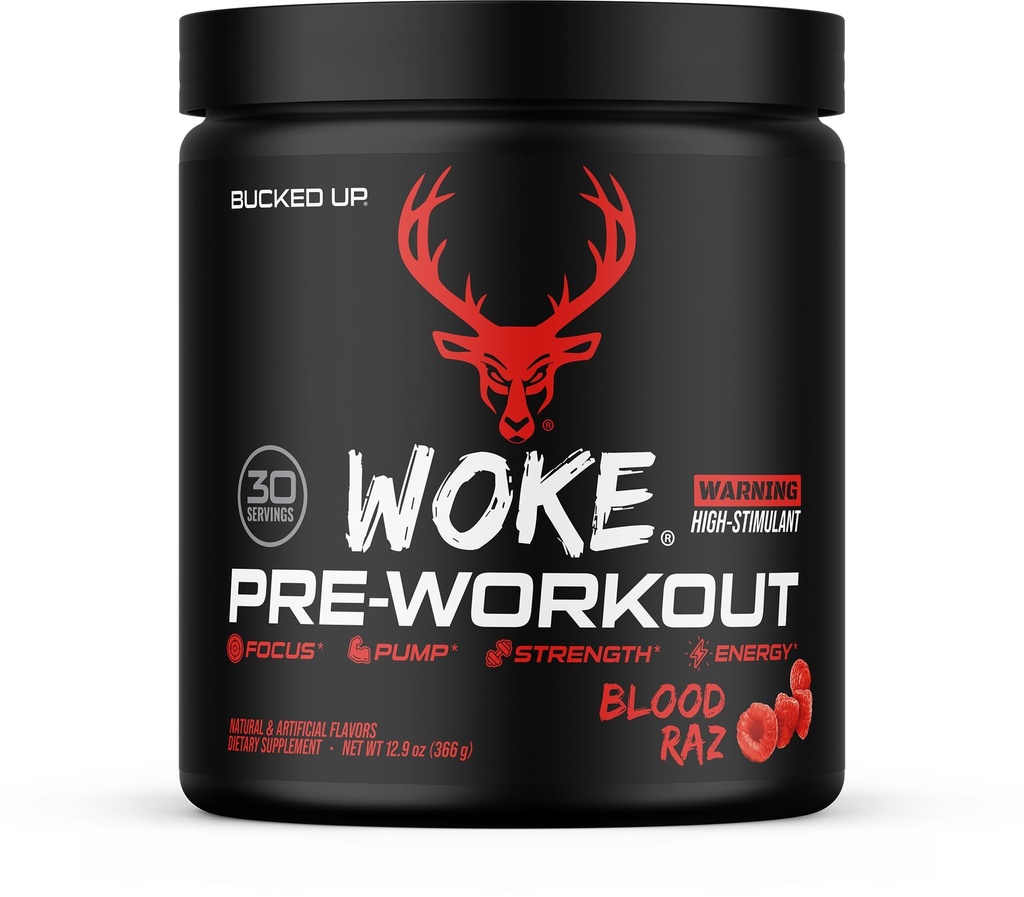 Bucked Up - Woke - HIGH STIM Pre Workout - Cel mai bun Tasting - Focus Nootrop, Pompa, Putere și creștere, 30 Servings (Blood Raz)