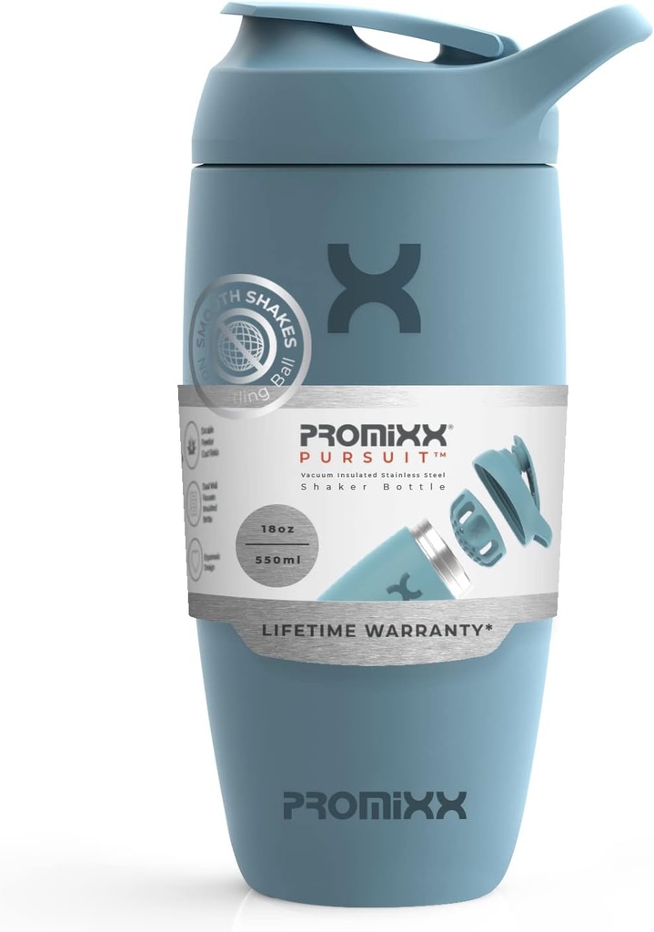 Promixx Pursuit Shaker Sticla izolat din oțel inoxidabil de apă și Shaker Cup, 18oz, Ocean Calm albastru