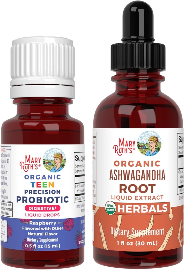 MaryRuth Organics Precizie picături probiotice pentru adolescenți (Raspberry) & Ashwagandha picături 
