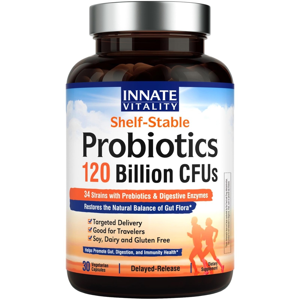 Probiotice înnăscute Vitalitate 120 Miliarde CFU pentru bărbaţi şi femei, 34 Tulpini cu prebiotice şi enzime digestive, Immune & Digestive Health, Lansare întârziată, Perioada de valabilitate stabilă, 30 capsule Vegas