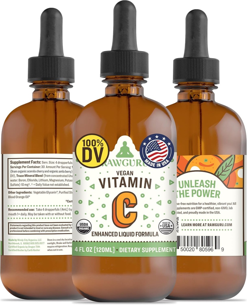 RawGuru Vitamina organica C Tinctura - Vitamina lichida C cu urme minerale - Nano-processed antioxidant si suport imunitar supliment Tinctura - 30 Serviri de picături Vegan la 120 ml, Pachet de 1