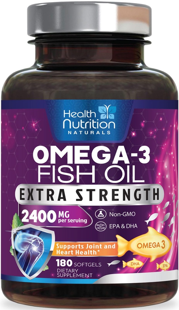Omega 3 ulei de pește 2400 mg - Triple Putere Omega3, EPA & DHA Acidi grasi Supliment - Suport natural pentru imun, inima si sanatatea creierului - Wild Caught, Non-GMO, Lemon Flavor, Burpless - 180 Softgels