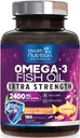 Omega 3 ulei de pește 2400 mg - Triple Putere Omega3, EPA & DHA Acidi grasi Supliment - Suport natural pentru imun, inima si sanatatea creierului - Wild Caught, Non-GMO, Lemon Flavor, Burpless - 180 Softgels