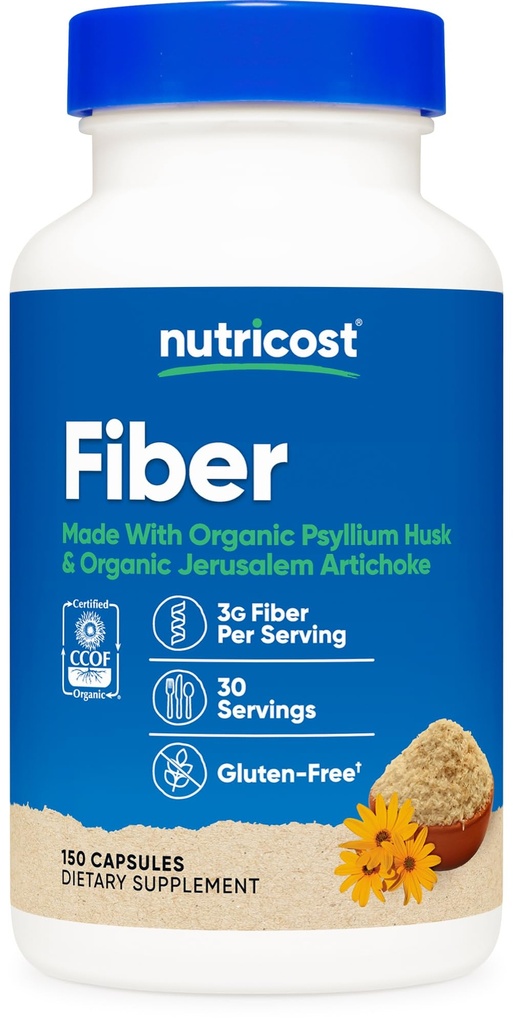 Capsule din fibre Nutricost cu supliment de fibre prebiotice 150 capsule - CCOF Supliment certificat, Made with Organic Psyllium Husk & Organic Jerusalem Anghinare, Gluten Free, 3 G Per Serving