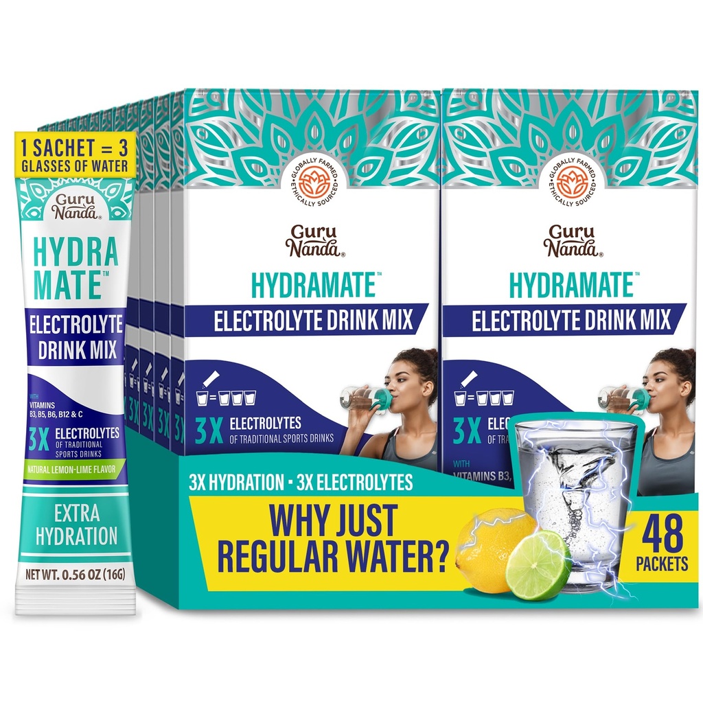 GuruNanda Hydramat Hydramat Support Drink Mix - Electrolit Pachete de pulbere pentru deshidratare, Exercitii & Energie - Fara indulcitori adaugati, non-GMO, aroma naturala de lamaie - 48 Conte (0,56 oz Each)