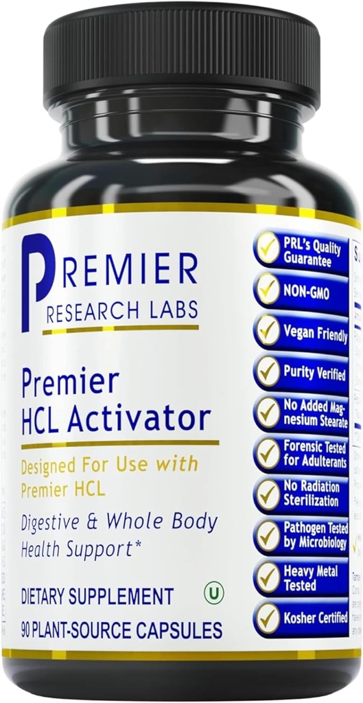Premier Research Labs Premier HCL Activator - Pepsin Digestive Enzime Supliment pentru functia digestiva optima pentru barbati si femei, Acid gastric scazut, Absorbtie nutrient - 90 Capsule vegetariene