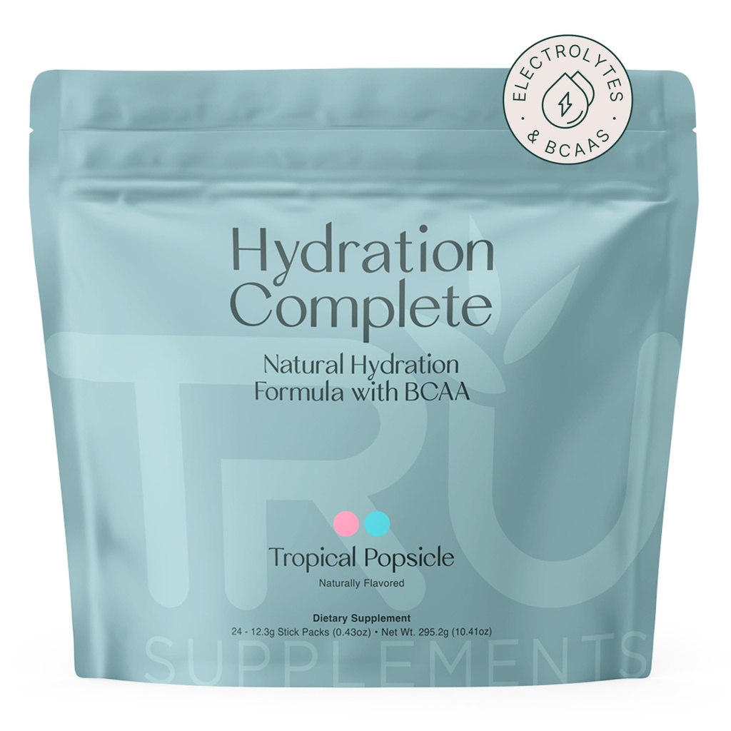 Suplimente TRU Hidratare completă BCAA, Aminoacidi pe bază de plante + Sare roz Himalayan, Electroliti & L-Carnitina, Vegan, Zero Calorii, Fără îndulcitori artificiali, 24 Serviri, Popsicle tropicale