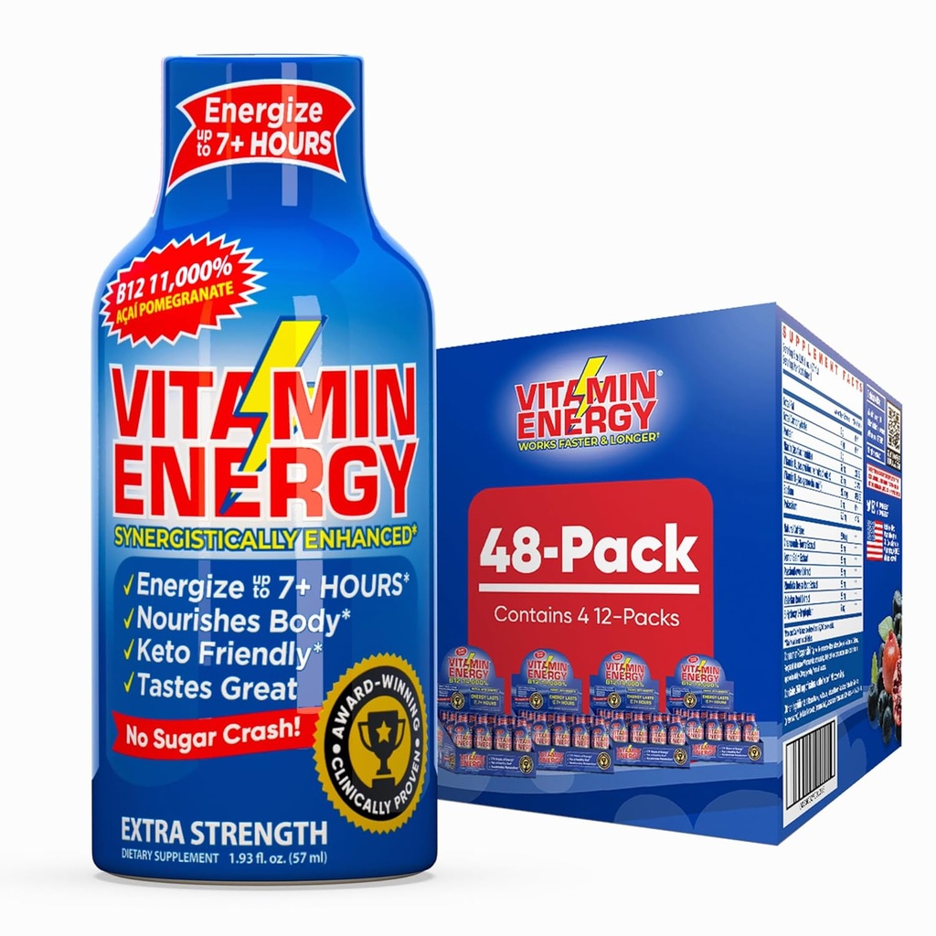Vitamina Energie B12 11,000% Extra Putere Energie Shot Açaí rodie 48 Pack, 260mg Natural Cofeina, B12 & B6, Nootrop Focus, Vitality, Zero Zahăr, Gluten-Free, Vegan, Kosher, 1.93 fl oz