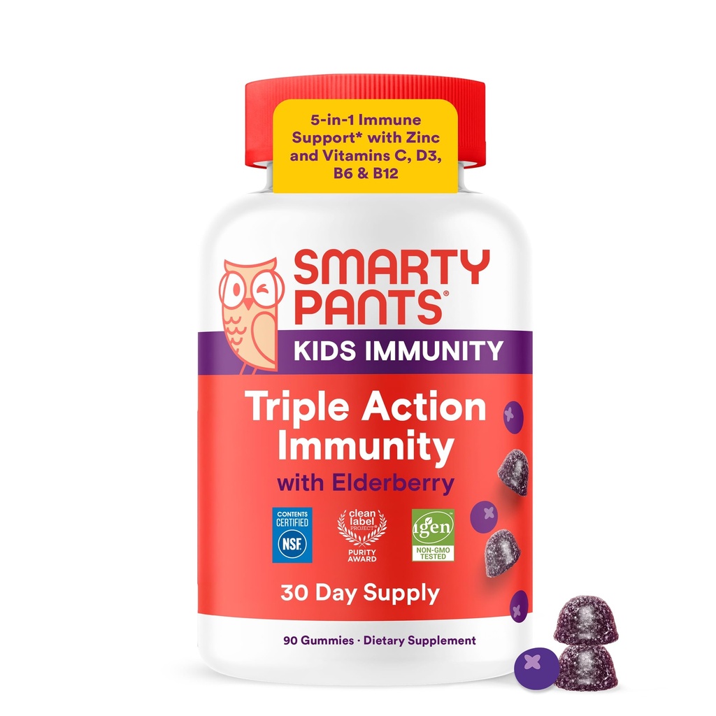 SmartyPantaloni Copii Imunitate Elderberry Gummies: Copii Suport Imun, Vitamina C, Vitamina D, Vitamine B6 & B12 și Zinc, Gluten gratuit, Aroma de soc, 60 Conte (30 zile de aprovizionare)