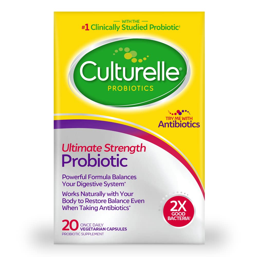 Culturelle Ultimate Putere Probiotic pentru bărbaţi şi femei, Cel mai studiat clinic Probiotic Strain, 20 Miliarde CFU, Sprijină Diaree ocazională, Gaz & Bloating, Non-GMO, 20 Conte