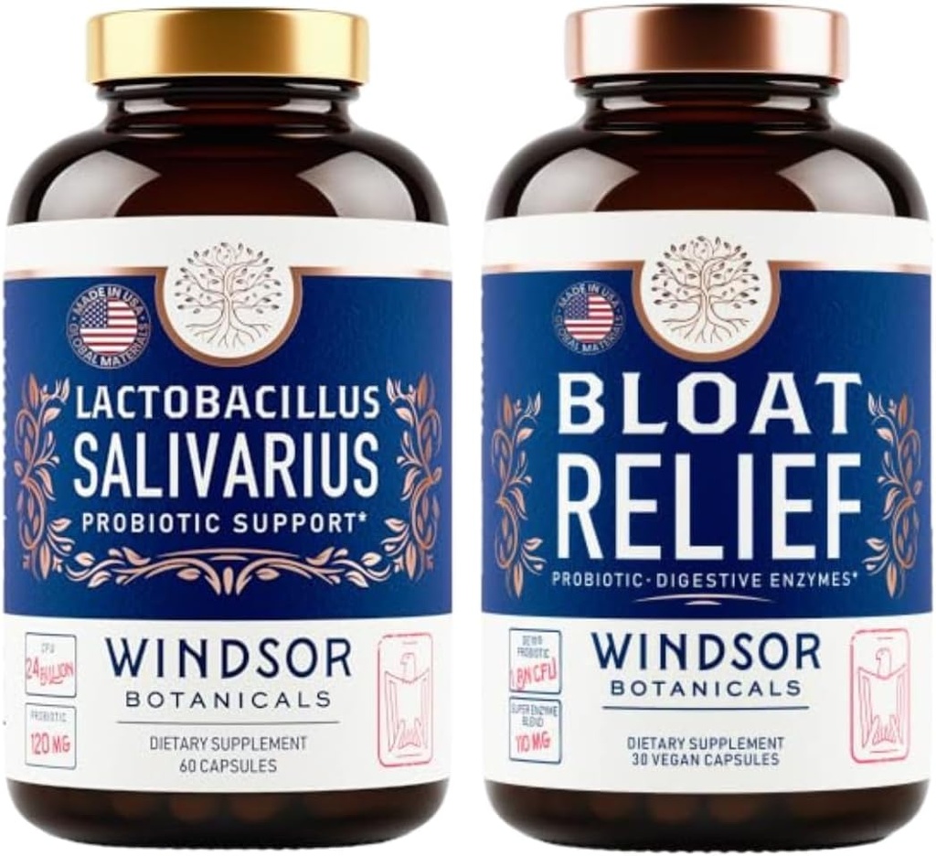 WINDSOR BOTACALS Bloat Relief şi Lactobacillus Salivarius Capsule Probiotice - oral şi IBS Suport Bundle