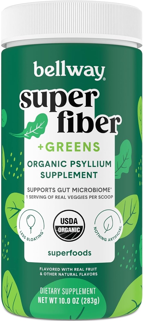 Bellway Super Fiber + Greens Powder, Psyllium Husk Psillium Husk Supplement Powder cu Super Greens (30 Servings)