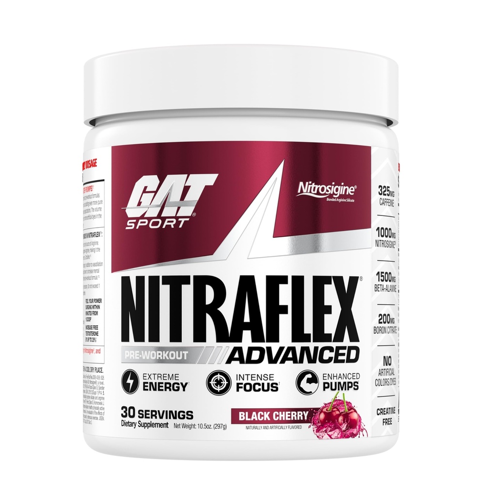 GAT SPORT Nitraflex Advanced Pre-Working Powder, Creste fluxul de sange, creste puterea si energia, Îmbunătăteste Performanta de exercitii (Cireasa Neagra, 30 Serviri)