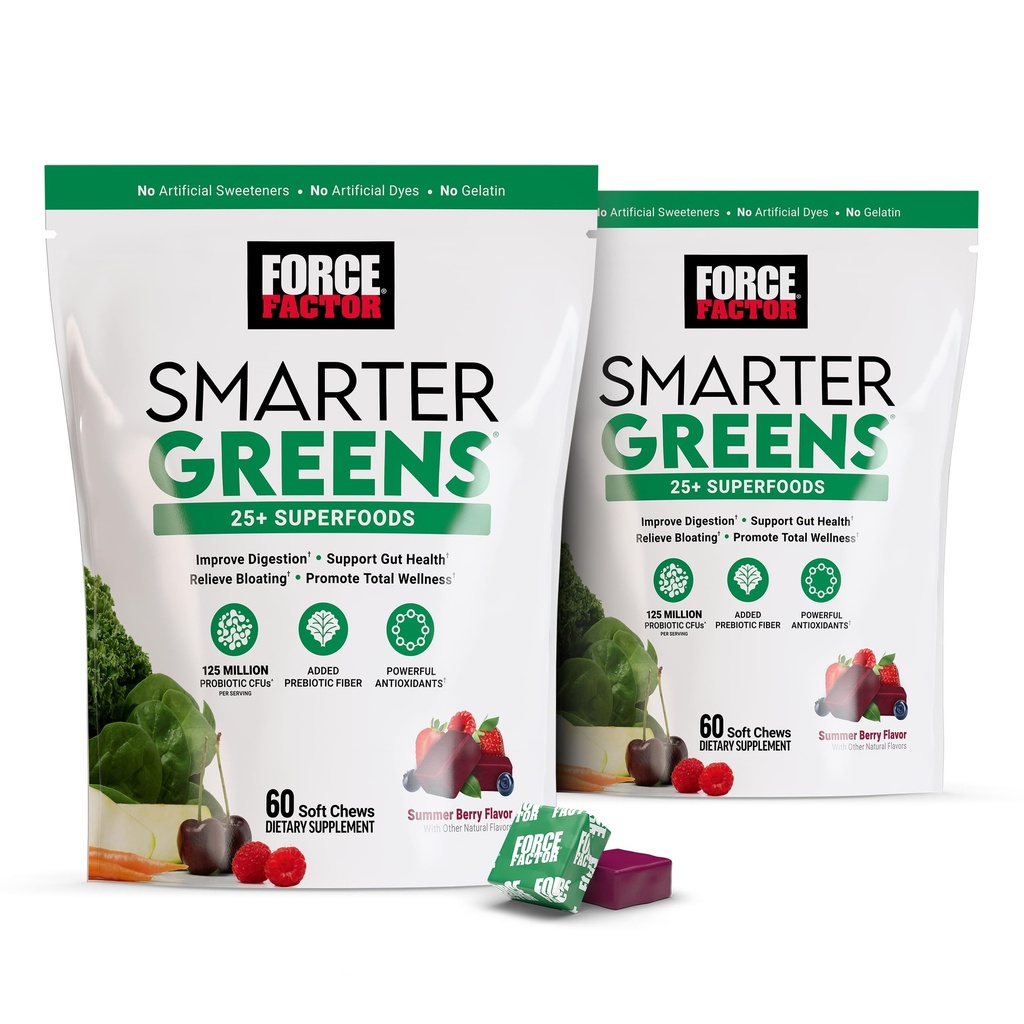 Force FACTOR Greens mai inteligente Chews Superfood, 2-Pack, Verzi și Superfoods cu Probiotice, Antioxidanți, și Fiber, Greens Supliment pentru a sprijini Digestia, oxid de azot și energie, 120 Chews moale