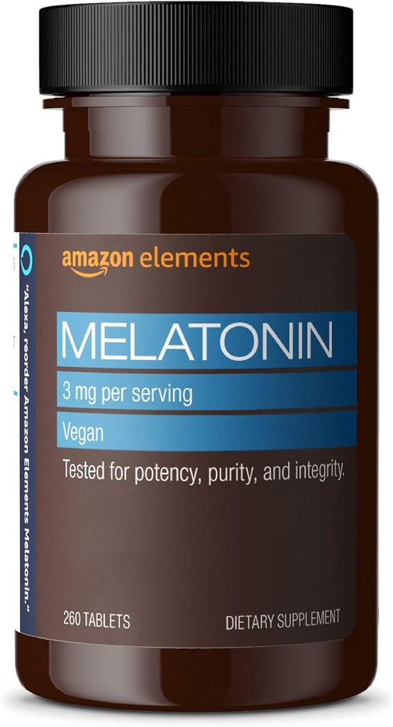 Elemente Amazon Melatonina 3mg, Ajuta cu somnolenta ocazional, Vegan, Nearomat, 260 comprimate, 8 luni de aprovizionare (Pachet poate varia)