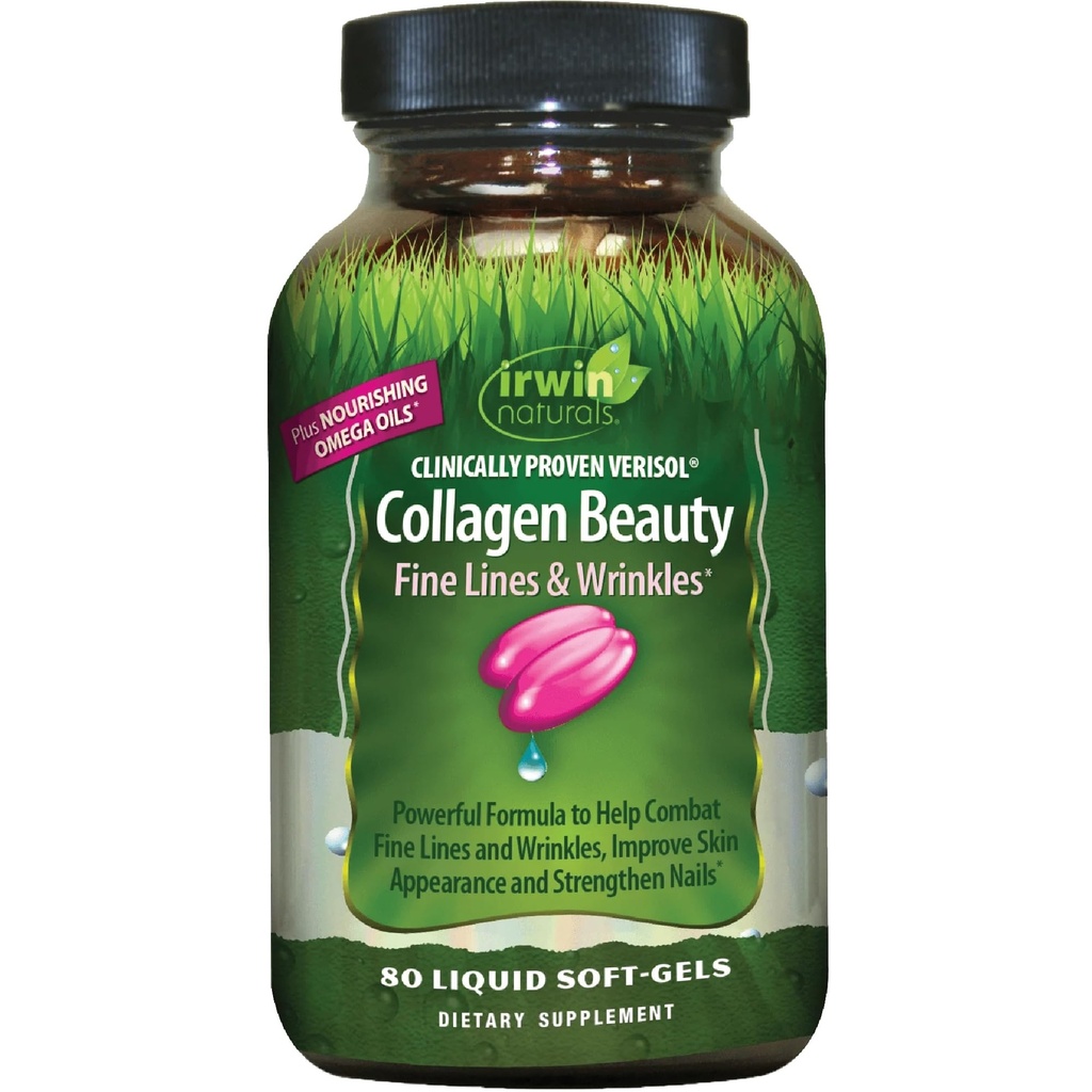 Irwin Naturals Colagen Beauty - 80 Softgels lichid - ajută la combaterea liniilor fine și a ridurilor, îmbunătățește aspectul pielii și consolidează unghiile - 13 serviri totale