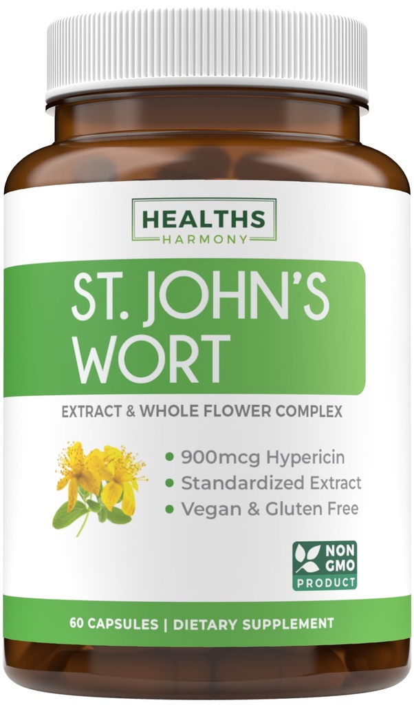 Capsulele de sunătoare ale Sfântului Ioan - Extract puternic şi potent de sunătoare & întregul complex Herb Standardizat la 900mcg Hypericin pentru menţinerea echilibrului zilnic - Vegan non-GMO & Lab Verified (60 Caps)