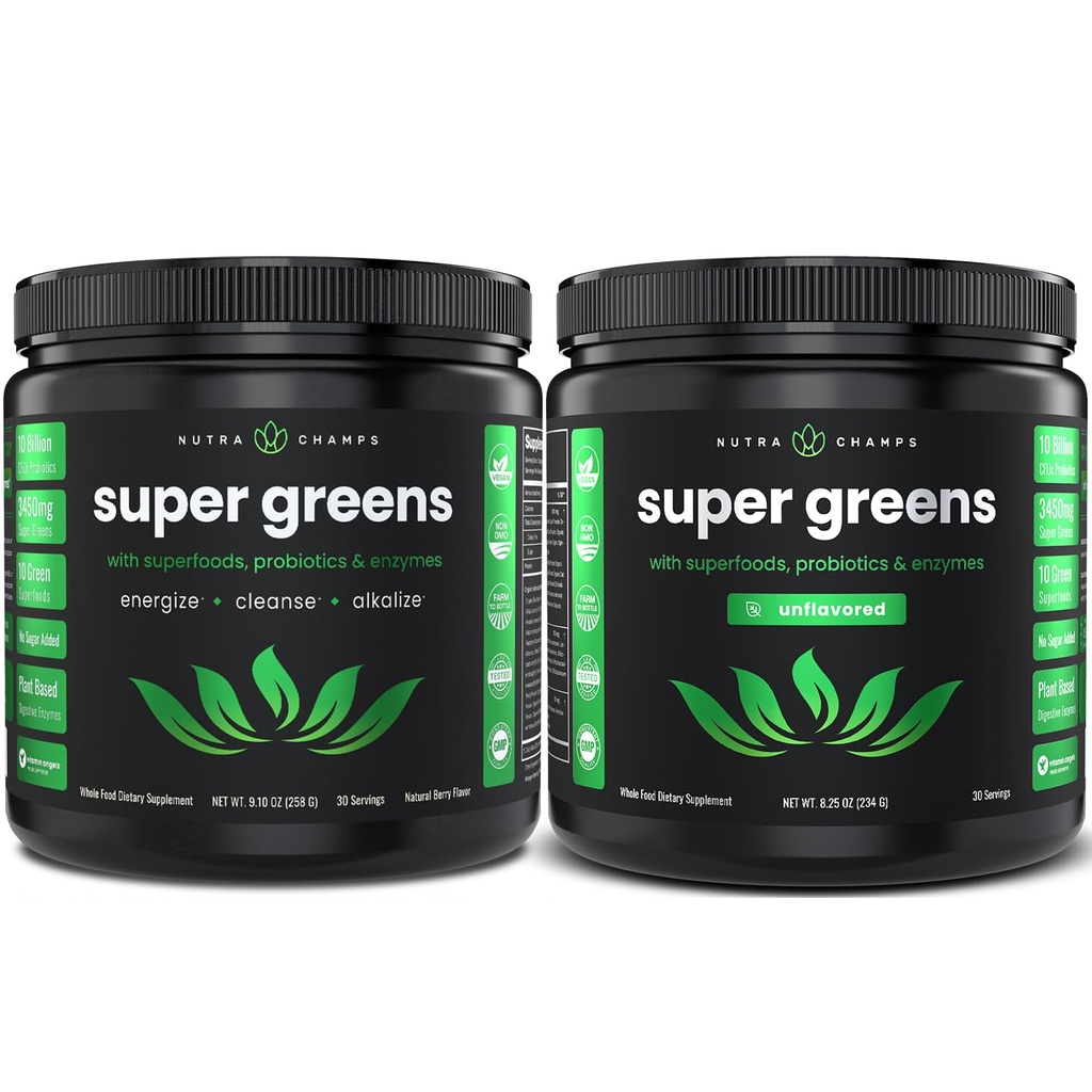 NutraChamps Super Greens Berry & Super Greens Bundle fără aromă - 2 luni de aprovizionare