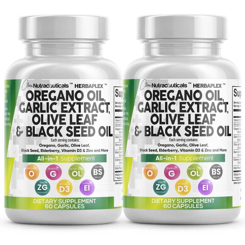Clean Nutraceuticals Ulei de usturoi Oregano Extract de frunze de măsline Ulei de semințe negru - Suport imun și Suplimentul de sănătate digestiv pentru femei și bărbați cu vitamina D3 și zinc - 2Pack