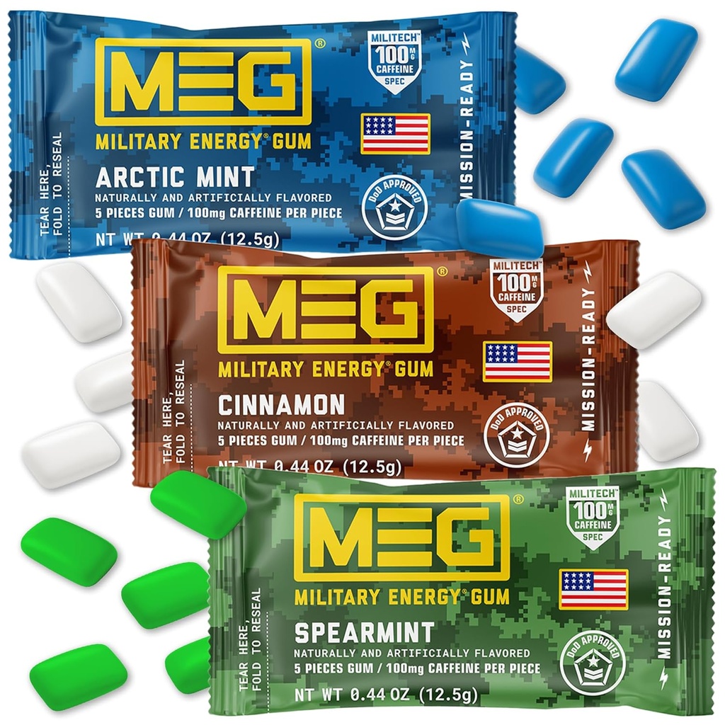 MEG Guma - Guma de energie militara de 100 mg de cofeina per bucata - 15 bucata Sample Pack - Energie si Focus la Boost Performace