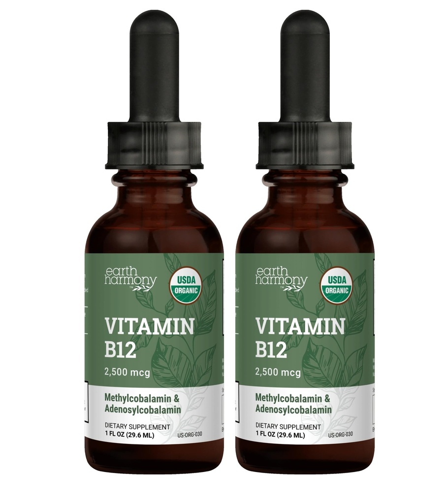 USDA Vitamina organică B12 2000mcg Supliment sublingual lichid (2-Pack) - picaturi de metilcobalamină Vegan pentru energie naturală, Mentine metabolismul, și suport sistem imunitar - 1 Fl Oz
