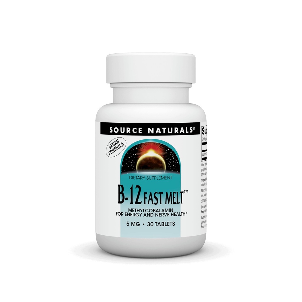 Sursa Naturals Vitamina B-12, susține producția de energie * 5 mg - 30 Fast Melt Vegan Formula