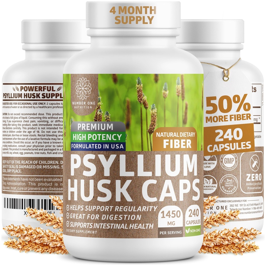 N1N Premium Psyllium Husk Capsule [Toate Natural,1450 MG] Powerful Soluble Fiber Supplement to Support Regularity and Digestive Health, 240 Caps
