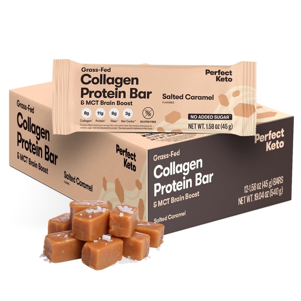 Baruri perfecte Keto - Cele mai curate Keto Snacks cu Colagen și MCT. Fără zahăr adăugat, Keto Diet Friendly - 3g Net carbohidrati, 19g Fat,11g Proteine - Diet Food Desert (Salted Caramel, 12 Baruri)