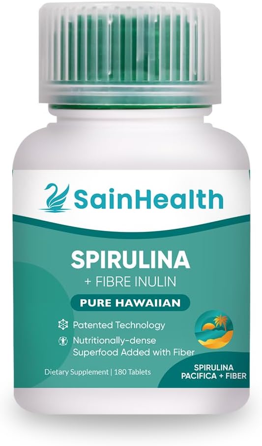 Spirulina + Fibre Inulin - Herbal Supplement, Spirulina Adăugat Fiber Vegan Tablete pentru Digestive Health, 600mg Spirulina, Vegan & OMG gratuit (180 comprimate)