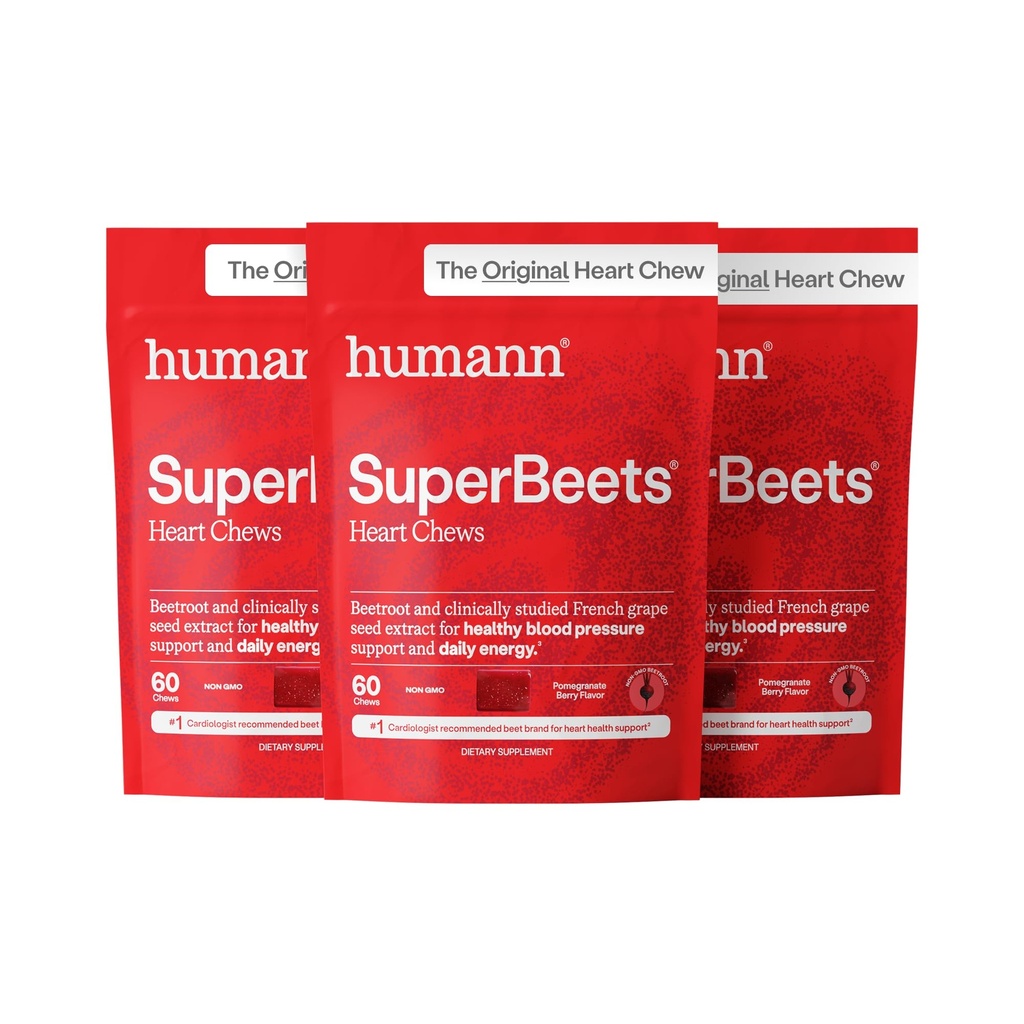 HumanN SuperBeet Chews Heart, oxid de azot și suport de presiune a sângelui, extract de semințe de struguri și non-GMO Root Powder Energy, rodie Berry Flavor, 180 Conte