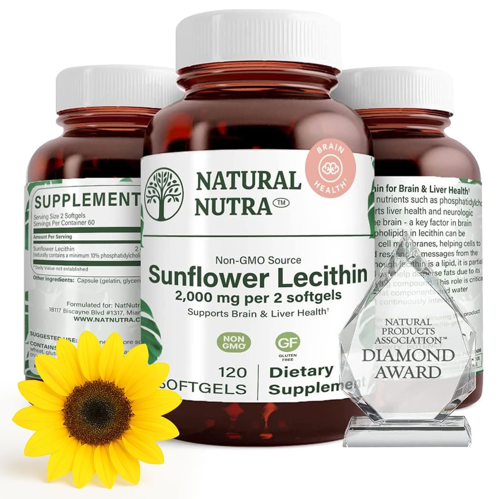 Natural Nutra Floarea-soarelui Lecitina 2000 mg Supliment, Supports Alaptarea mamelor cu lapte Plugged Duct Relief, Ficat & Brain Booster, Soy Free, Non-GMO, Gluten-Free, 120 Softge
