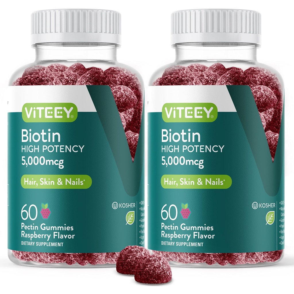 VITEEY Gume Biotin pentru parul de piele si unghii - Biotina pentru cresterea parului Gumies - 5000 mcg - Vegan, Gluten-gratuit, non-GMO 120 Conte