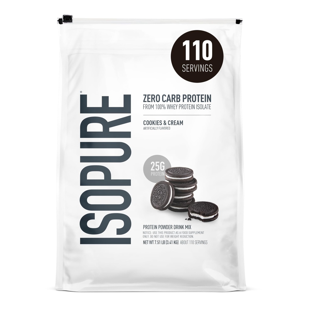 Isopure Zero Carb 100% Pure Whey Izolate Proteine Pulbere, Lactoză gratuit, Gluten gratuit, cu vitamine, cookie-uri & Cream, 25g Proteine per servire, 7,5 Lbs, 110 Serviri (Packing May Vary)
