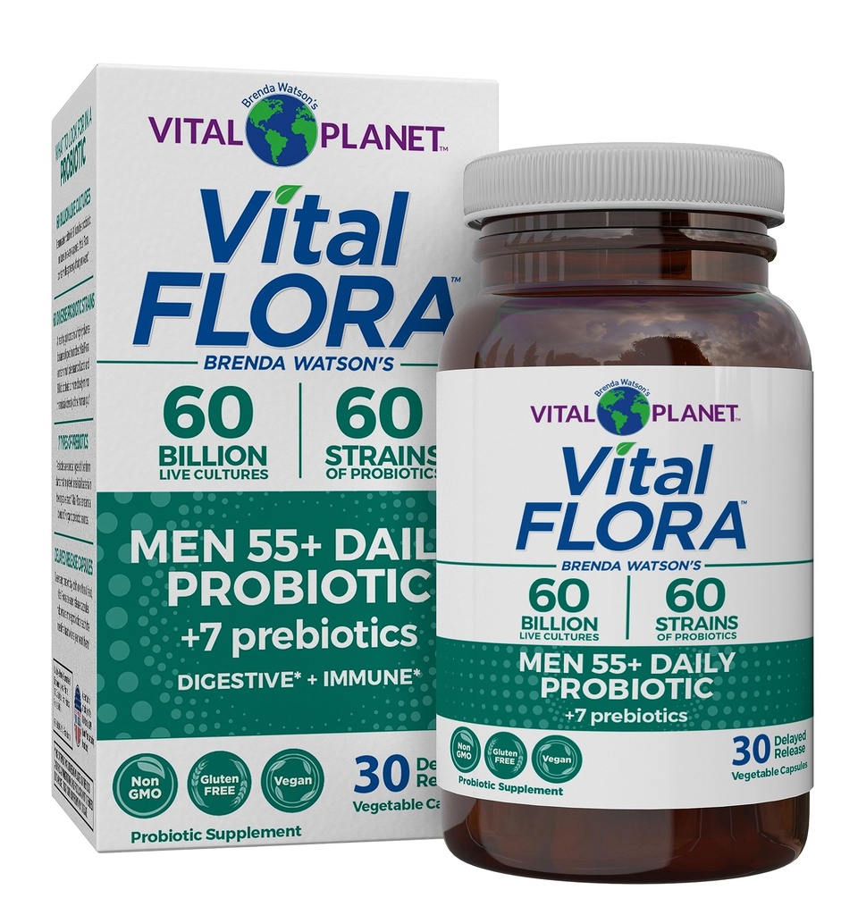 Vital Planet - Vital Flora Men 55+ Daily Probiotic, 60 Miliarde CFU, 60 Dverse Tulpini, 7 Prebiotice organice, Suport Imun, Relief de gaze, Colon și Probiotice de sănătate digestive pentru bărbați 30 Capsule