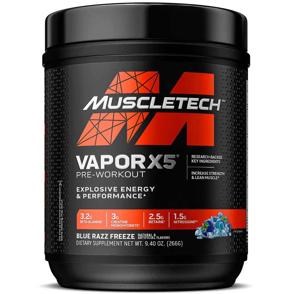 MuscleTech Pre-Workout pulbere, Vapor X5 - Sport Nutriție musculare Clădiri Suplimente pentru femei și bărbați - Pompe musculare intense Energetic Pump Powder Drink Mix - Blue Razz Freeze, 266g (30 Servings)
