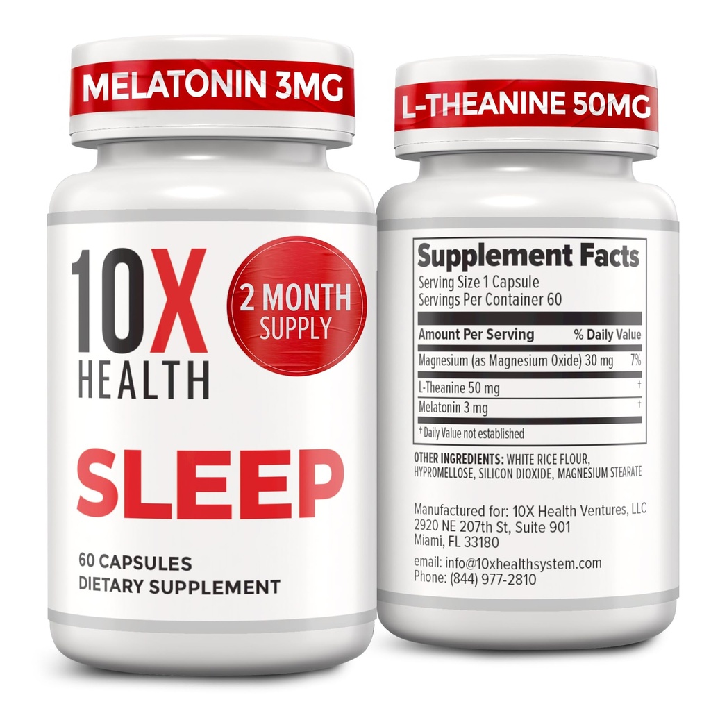 10X Suplimente de somn pentru adulți - 60 Capsule - Melatonina 3mg, L Theanină, Supliment de magneziu, Oxid de magneziu pentru profund, mai bine odihni și relaxare - 3-in-1 suport somn natural