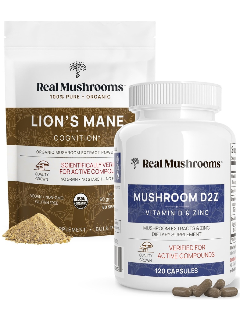 Ciuperci reale Vitamina D2, Zinc Chelated, Chaga, Reishi (120ct) și organic Lion's Mane Powder (60 Servings) Bundle - Imunitate și suport cognitiv, Ameliorare - Vegan, Gluten Free, Non-GMO