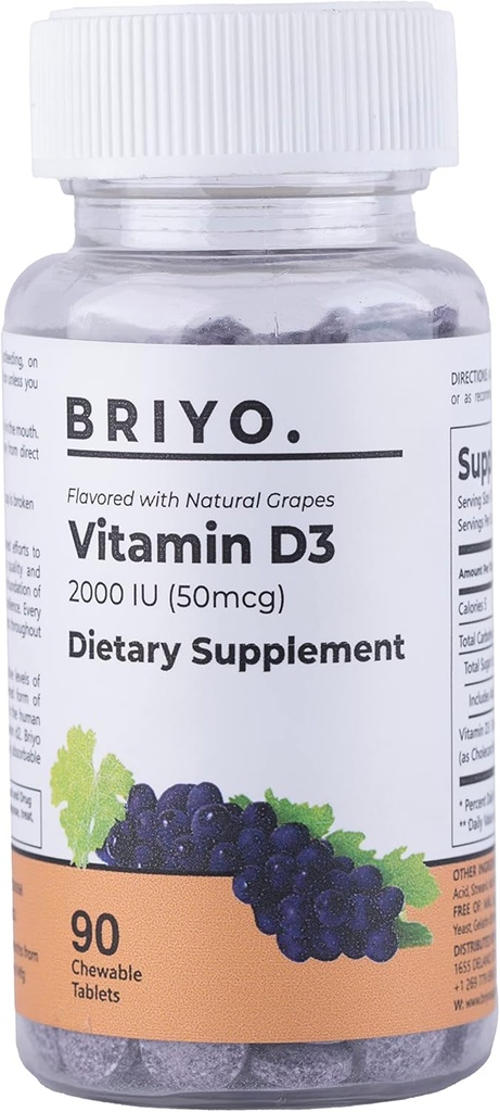 Briyo Vitamina d3 comprimat masticabil - 2000 UI (50 μg per servire) - Aromă naturală delicioasă de struguri, 90 Conte